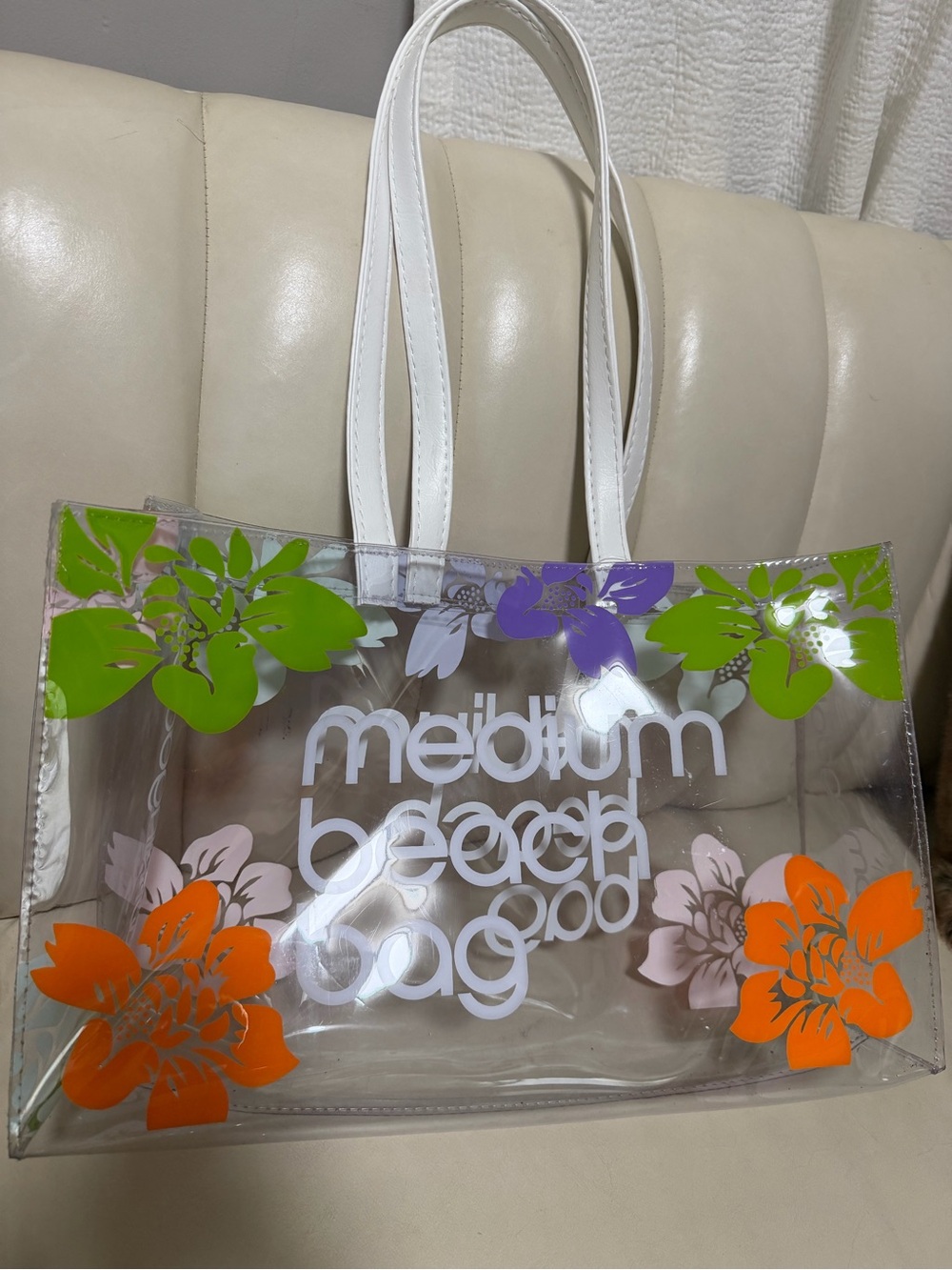 Bloomingdale's Clear Floral Tote with White Handles and Bright Floral Accents